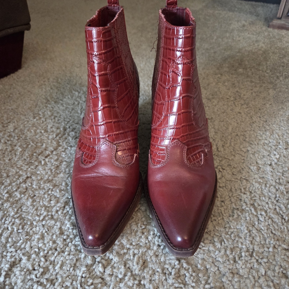 Sam Edelman Red Croc-Embossed Ankle Booties - Picture 2 of 8